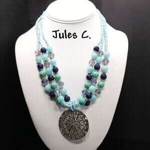 Turquoise Beaded Silver Pendant Necklace, Signed Jules C, Three Strands, 21 Inch